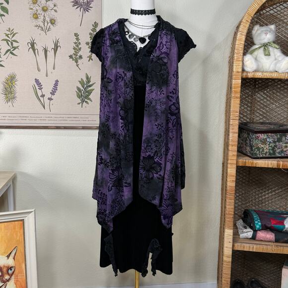 90s Y2k Purple Black Velvet Floral Flowy Open Vest Whimsigoth Romantic Goth L XL - Picture 1 of 5